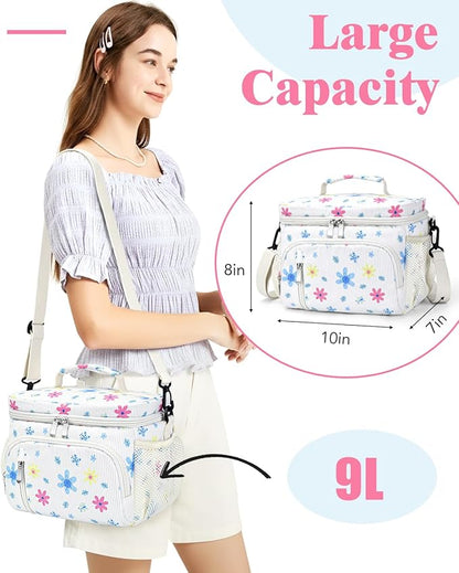 Insulated Lunch Bag for Men & Women, 9L Leakproof Lunch Box Soft Cooler Tote with 5 Pockets, 600D Oxford, EVA Lining, Adjustable Strap for Work, Picnic, Beach&Travel-Corduroy Colored Flowers