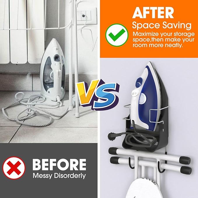 Wall Mount Iron,Ironing Board Hanger for Household Bathroom and Laundry Room, Electric Iron Holder with Hook-for Max 5.4" (Black)