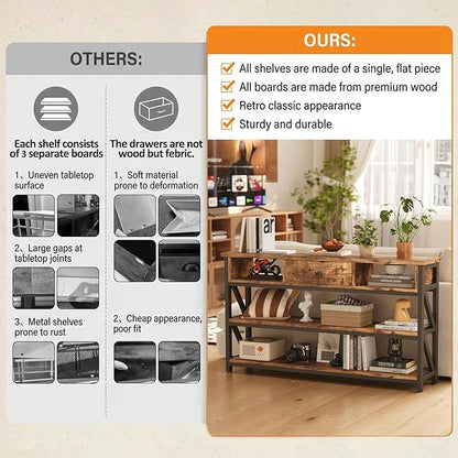 Mexin 39 Inch Console Sofa Table with Drawer, Entryway Table with Storage Shelves, Industrial Wood Hallway Table for Living Room Couch Foyer Kitchen Counter, Rustic Brown