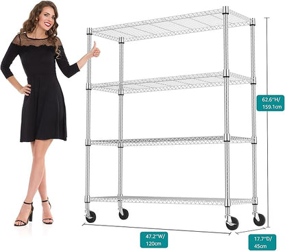 1400LBS 47.2" W 4 Tiers Storage Shelves Metal Shelving Unit with Wheels Heavy Duty Garage Shelving Adjustable Wire Shelves for Pantry,Kitchen,Garage,Basement,Chrome 17.7" D x 47.2" W x 62.6" H