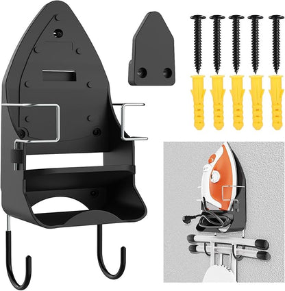 Wall Mount Iron,Ironing Board Hanger for Household Bathroom and Laundry Room, Electric Iron Holder with Hook-for Max 5.4" (Black)