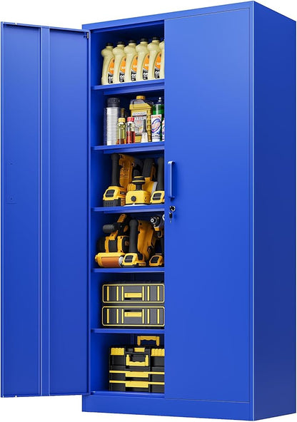 Metal Cabinet with Lock, Tall Storage Cabinet with Door and Adjustable Shelves,Blue Steel Storage Cabinets for Garage,Home Office,Pantry,School,Hospital