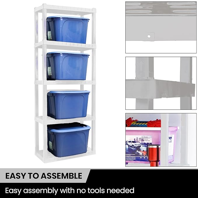 Oskar Heavy Duty Plastic Storage Shelves- for Garage, Kitchen, Bathroom Basement, Kids Room, Stackable 5-Tier White Organizer Rack for Books Shoes, Toys, Pantry, Cleaning and Closet Organization