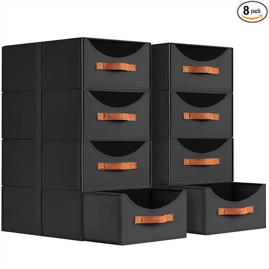 Stackable Storage Drawers - Large Collapsible Storage Bins with Drawers, 8 Pack Closet Shelf Organizer Basket, Fabric Pull Out Organizer for Bedroom, Living Room, Dorm, Black