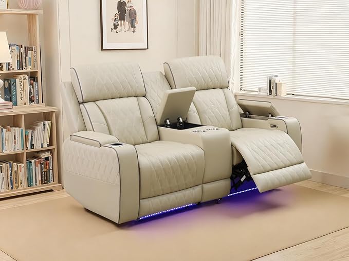 Power Recliner Loveseat Set, Living Room Furniture Sets, 2 Seated Loveseat Modern Reclining Couches, Khaki Leather Reclining Couch Sets with Storage Console/Cup Holder for Living Room/Apt