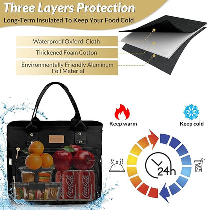 EASYA Large Insulated Lunch Bag for Work, Women's Nylon Thermal Lunch Box, Leakproof Cooler Tote Bag with Storage Pocket (Black)