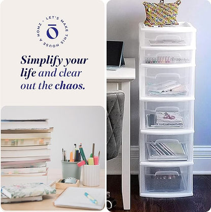 HOMZ Drawer Tower, 6-Tier Clear Plastic Storage Organizer Cart, White Frame - Heavy-Duty Organizing Drawers for Home, Bedroom, and Closet Organization