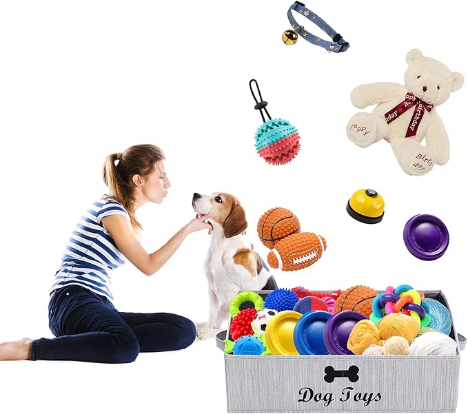 Linen-cotton blend Dog Toy Box - Organize Toys, Blankets, Leashes, Gray