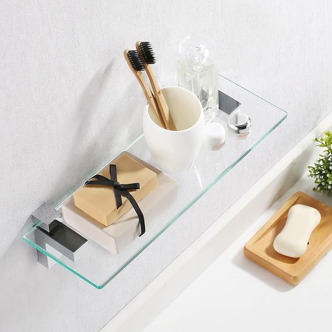 KES Bathroom Shelf Tempered Glass Shelf, 20 Inch Rectangular Glass 8mm-Thick Extended, Wall Mount Polished Chrome, BGS3201