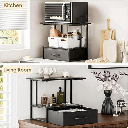 Masupu Printer Stand for Desk, Printer Table with Fabric Storage Drawer, 2 Tier Desktop Shelf, Multi-Purpose Desk Organizer for Home Office, 3D Printer, Fax Machine, Scanner, Marble Black