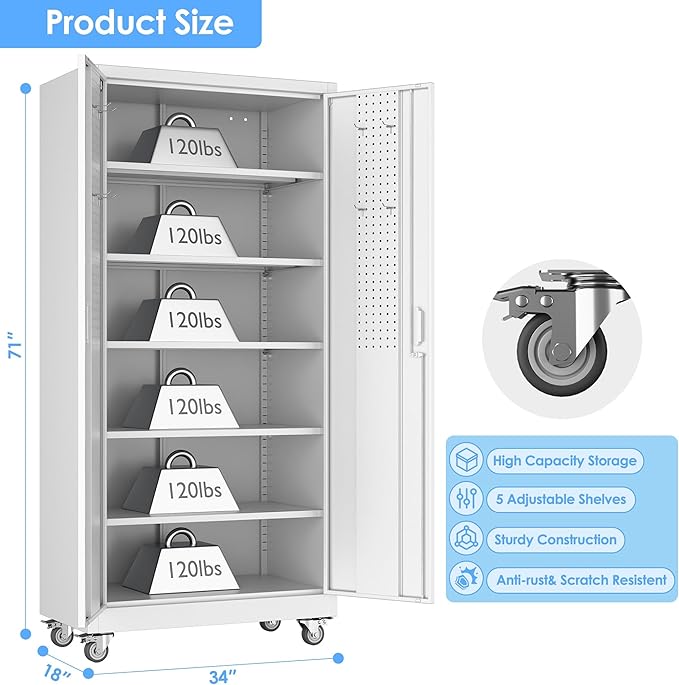 Garage Storage Cabinet with Wheels & Pegboard, 71" H x 34" W x 18" D Locking Metal Storage Cabinet with 2 Doors and 5 Adjustable Shelves for Garage, Home, White, Assembly Required