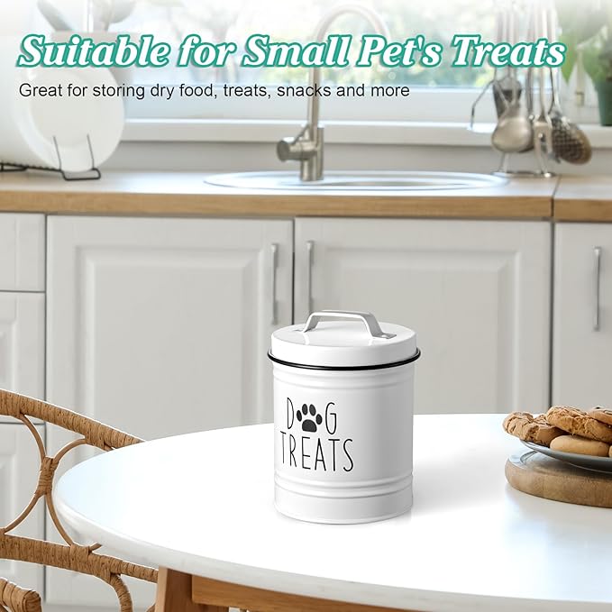 Small Dog Treat Container Airtight - 6" Tall X 4.9" Round White Dog Treat Jar for Kitchen Counter - Rustic Treat Storage Canister for Dogs, Cats, Small Animals - Gifts for Pet Owners
