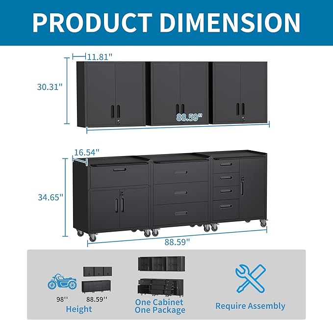 Black Garage Storage Cabinets System 6 PCS Workshop Set with Drawers Locking Heavy Duty Rolling Cart with Adjustable Shelves Garage Tool Workbench Cabinets