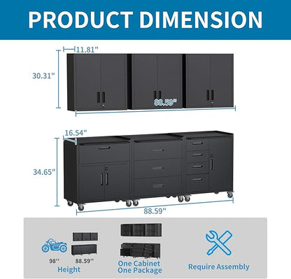 Black Garage Storage Cabinets System 6 PCS Workshop Set with Drawers Locking Heavy Duty Rolling Cart with Adjustable Shelves Garage Tool Workbench Cabinets