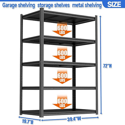72"H Garage Shelving 3000LBS Storage Shelves Heavy Duty 5 Tier Adjustable Metal Shelving Unit Storage Rack and Shelving for Basement, Warehouse, Pantry, Closet, Kitchen 39.4" W × 19.7" D × 72" H