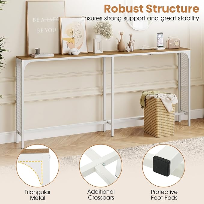 Giantex 71" Narrow Console Table with 2 Power Outlets and USB-C Ports, Sofa Tables with Charging Station & Metal Frame, Skinny Behind Couch Tables, Long Entryway Tables for Living Room, Natural+White