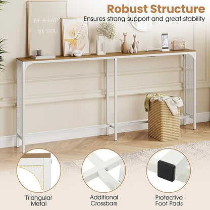 Giantex 71" Narrow Console Table with 2 Power Outlets and USB-C Ports, Sofa Tables with Charging Station & Metal Frame, Skinny Behind Couch Tables, Long Entryway Tables for Living Room, Natural+White