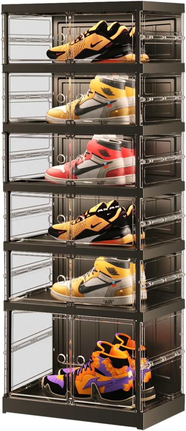 6-Tier Collapsible Shoe Storage Rack - Large Plastic Shoe Organizer with Doors, Quick Assembly, Black