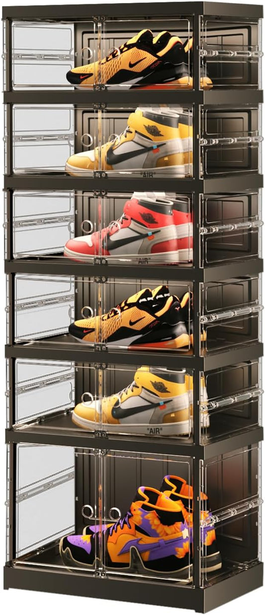 6-Tier Collapsible Shoe Storage Rack - Large Plastic Shoe Organizer with Doors, Quick Assembly, Black