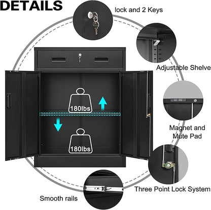 CMY Metal Storage Cabinet, Locking Storage Cabinet with One Drawer and Adjustable Shelf, 36.2" H x 28" W x 16" D Metal Cabinet for Office, Garage, Home-Black