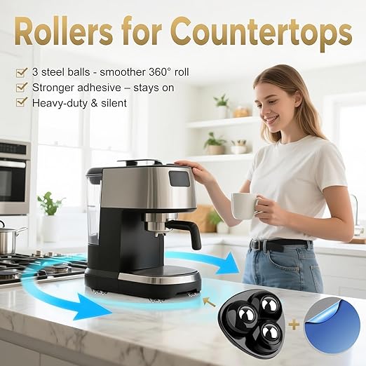 Self Adhesive Caster Wheels for Countertop - Furniture Sliders & Appliance Rollers for Kitchen, Coffee Machine, Blender, Oven - Easily Solves The Problem of Desktop Sliding (Black, 24pcs)