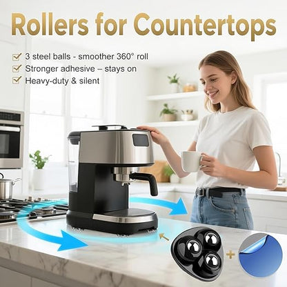Self Adhesive Caster Wheels for Countertop - Furniture Sliders & Appliance Rollers for Kitchen, Coffee Machine, Blender, Oven - Easily Solves The Problem of Desktop Sliding (Black, 24pcs)