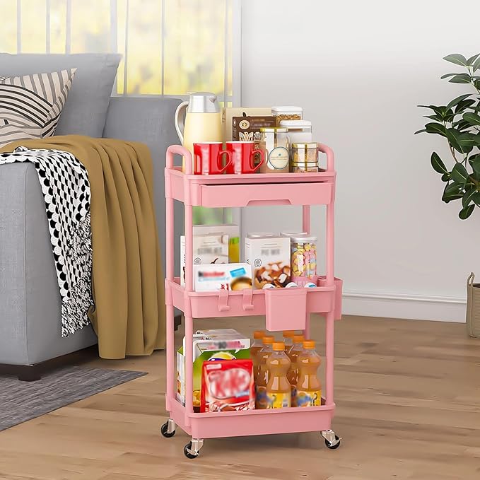 3 Tier Rolling Utility Cart with Drawer, Plastic Storage Organizer Rolling Carts with Wheels Handles Hanging Cups Hooks for Office, Bathroom, Kitchen,Craft Art Room (Pink)