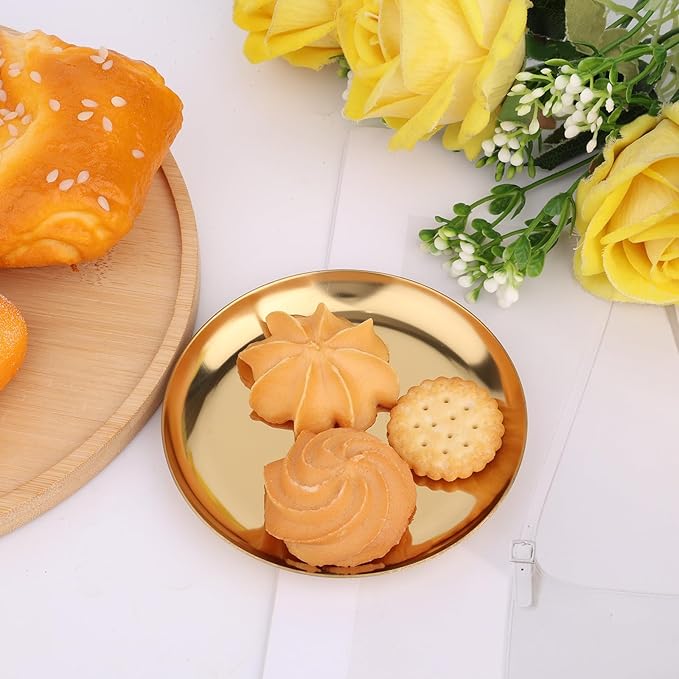 2pcs Gold Round Serving Trays, Stainless Steel Trinket Dish Decorative Jewelry Tray Small Gold Platters for Jewelry Cosmetics Countertop Dish