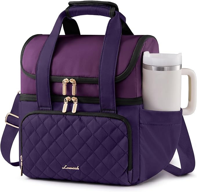 LOVEVOOK Insulated Lunch Bag For Women,Large Double Deck Adult Lunch Box,Teacher Lunch Tote Bag With Cup Holder,Leakproof Cooler Bag With Adjustable Shoulder Strap For Work Picnic Beach
