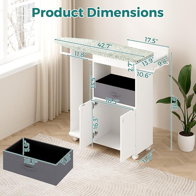 Rolling Ironing Board with Storage Cabinet, Wooden Ironing Board Cabinet with Drawer, Compact Space-Saving Ironing Table with Iron Rest Rack for Laundry Room, Living Room (One Size, Leaf)