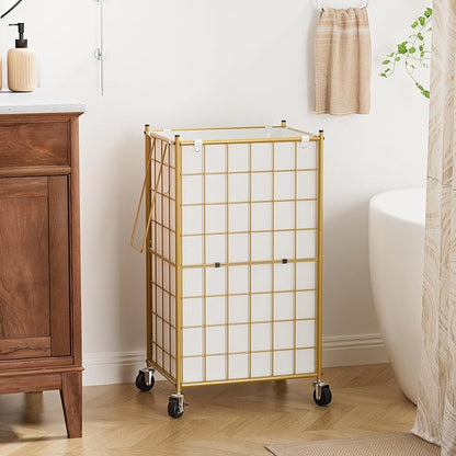 WOWLIVE Laundry Hamper with Wheels,Metal Wire Frame Rolling Laundry Basket with Removable bag,100L Dirty Clothes Hamper Organizer Dorm Room Storage for Bedroom,Bathroom,Golden