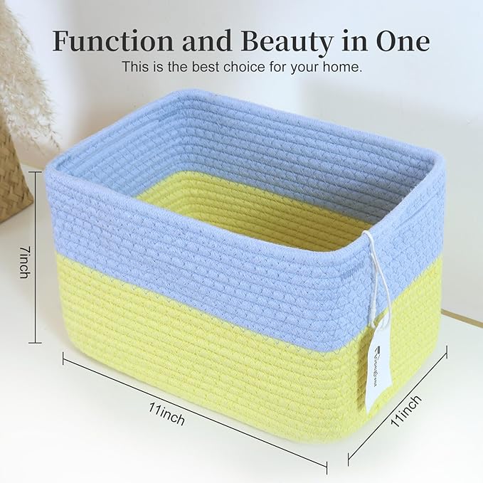Hopegiver 3 Pack Rainbow Woven Storage Baskets for Shelves, 11x8x7 Inch Cotton Rope Decorative Organizer Bins for Blanket Clothes Book Baby Pet, Colorful Toy Basket for Kids Room, Playroom, Nursery