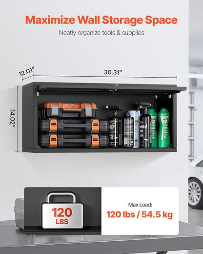 VEVOR Metal Wall Cabinet, 30.31W x 12.01D x 14.02H Inch, Floating Garage Tool Cabinet with Up-Flip Door, 120 lbs Load per Shelf, Fit for Garage, Basement, Kitchen, Warehouse, Assembly Required