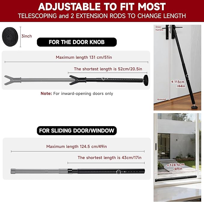 Upgraded 2-in-1 Door Security Bar 2Pack, Heavy Duty Anti-Slip Door Stopper Stick for Front/Sliding Glass Door, No Drill Easy Install Door Jammer for Apartment, 20-51” Adjustable Portable Door Lock
