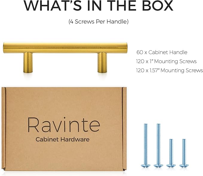 Ravinte 60 Pack | 5'' Cabinet Pulls Brushed Brass Stainless Steel Kitchen Drawer Pulls Cupboard Pulls Cabinet Handles 5”Length with 3” Hole Center
