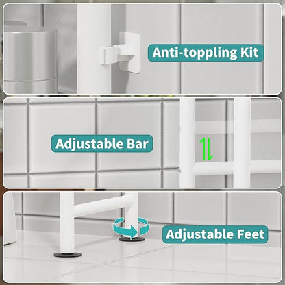 3-Tier Over The Toilet Storage with Paper Holder, Metal Bathroom Organizers and Storage for Small Space, Freestanding Bathroom Shelves with 4 Hooks, Above The Toilet Storage Shelf (White)