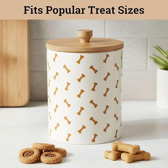 Dog Treat Container Airtight - 5 Inch Wide x 6.4 Inch Tall Ceramic Dog Treat Jar for Kitchen Counter with Airtight Bamboo Lid - 4 Cup Capacity Pet Treats Container - Doggie Cookie Jar Treats Canister