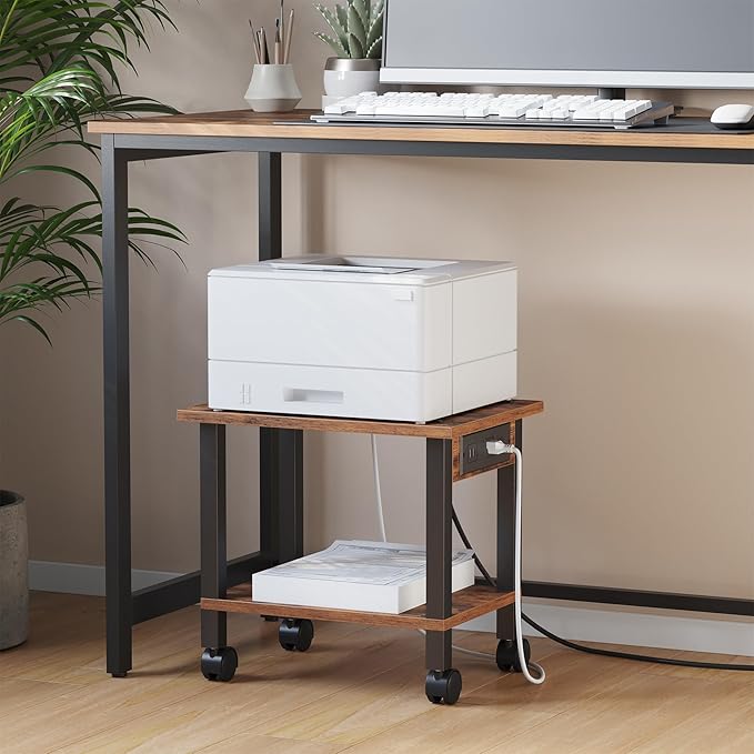 TUTOTAK 2 Tier Printer Stand, Rolling Printer Cart with Power Outlets and USB Ports, Mobile Printer Table with Wheels, for Under Desk, Office, Home,Brown PS01BB001
