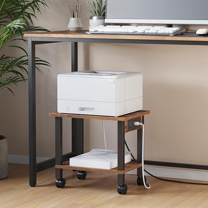 TUTOTAK 2 Tier Printer Stand, Rolling Printer Cart with Power Outlets and USB Ports, Mobile Printer Table with Wheels, for Under Desk, Office, Home,Brown PS01BB001