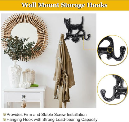 OwnMy Cast Iron Decorative Wall Coat Hook Cat Key Holder, Vintage Dog Leashes Holder Key Hooks for Walls, Heavy Duty Indoor Outdoor Double Wall Hooks for Hanging Towels, Hats, Potted Plants, Tools