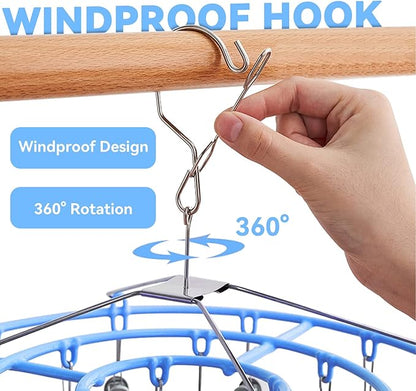 Clothes Drying Rack,Stainless Steel Laundry Drip Hanger with 24 Clips, Heavy Duty Round Swivel Windproof Hook Underwear Hanger for Drying Towel, Bras, Sock,Lingerie, Baby Clothes (Blue)