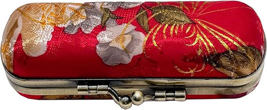 MIAO JIN Lipstick Case with Mirror Lipstick Holder Storage Bag Kiss Lock of Iron Mini Portable Vintage Floral Pattern Jewelry Cosmetic Case (Red)