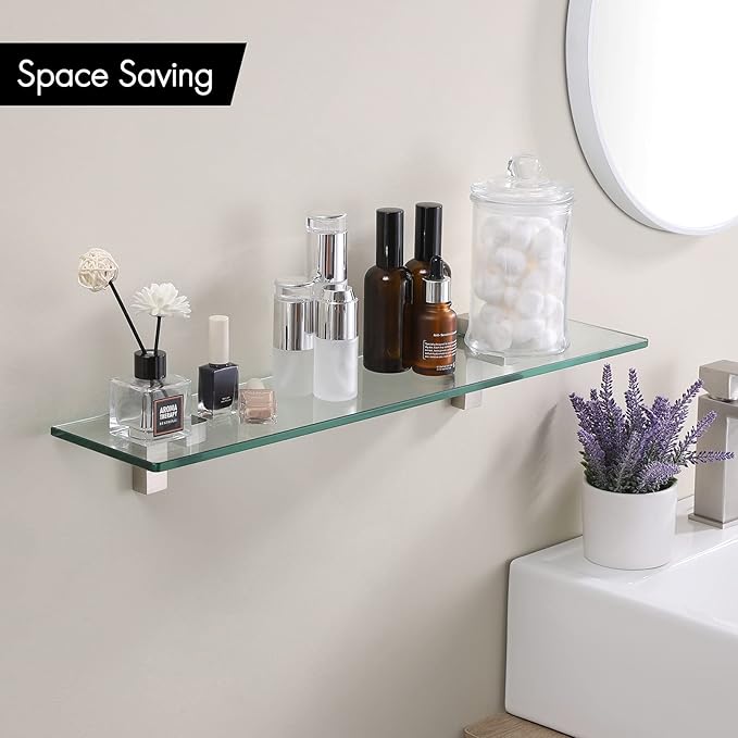 KES 24 Inch Bathroom Glass Shelf Wall Mounted Tempered Glass Shelf Brushed Nickel Finish, BGS3201S60-2