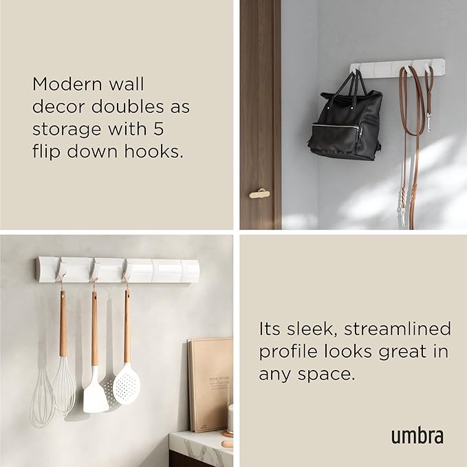 Umbra Flip Wall-Mounted Coat Rack with 5 Hooks – Modern, Space-Saving Storage for Hats, Jackets, Bags, Entryway, Mudroom, Closet, Bathroom, Bedroom – White/White