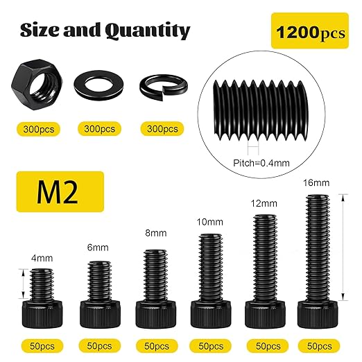 1200PCS M2 Screws with Nuts Assortment Kit, M2*4/6/8/10/12/16 mm, Hex Socket Head Cap Bolts, Nuts & Washers Assorted Set, 12.9 Grade Black Zinc Plated for 3D Printer,DIY