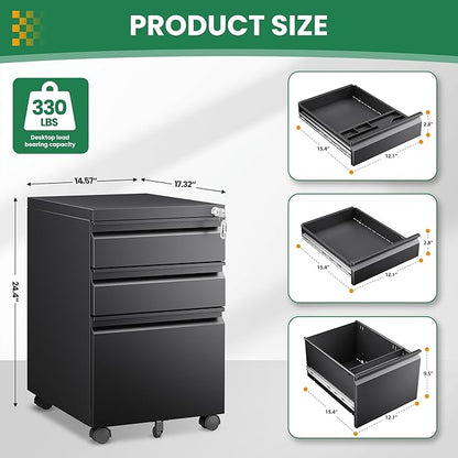3 Drawer Mobile File Cabinet with Lock,Under Desk Rolling File Cabinet for Home Office Fits Legal/Letter/A4 File (Unassembled,Black)