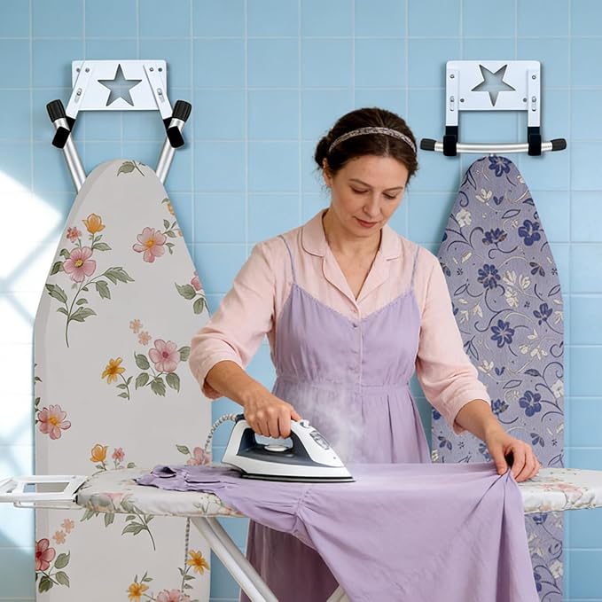 Ironing Board Holder Wall Mount,with Adjustable Hooks， Ironing Board Hanger for T or Y Leg, Laundry Room Wall Hook for Iron Board Holder White