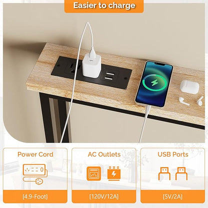 VINGLI 79" Console Table with Charging Station, 5.9" Narrow Sofa Table Set of 2, Entryway Table with Power Outlet & 4.9 Ft Extension Cord & Adjustable Feet, for Living Room, Hallway, Oak