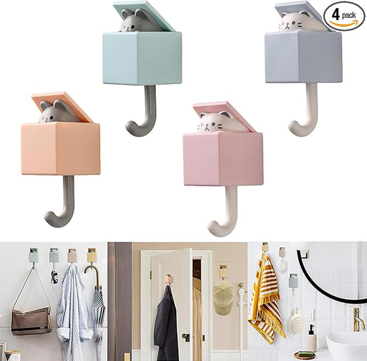 4Pcs Cute Self Adhesive Towel Hooks -Max Load 10LB,Heavy Duty Utility Wall Hooks for Hanging for Coat, Towel,Scarf, Hat, Robes,Key and Other Items,Creative Kawaii Room Decorative Cat Hook