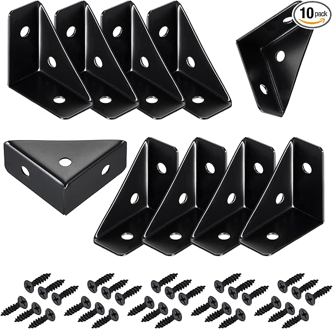 CMLY Corner Brackets, 10Pcs 38mm x 38mm, Black Steel, Triangle Shelf Brackets, Corner Desk Connectors for Wood, Metal, Table, Cabinet